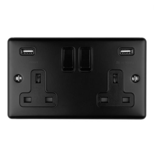 Eurolite 2 Gang 13Amp Switched Socket With Comb 3.1 Amp Usb Outlets Matt Black Enhance Range Black Trim - EN2USBMBB