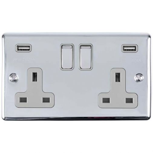 Eurolite 2 Gang 13Amp Switched Socket With Comb 3.1 Amp Usb Outlets Polished Chrome Enhance Range Grey Trim - EN2USBPCG