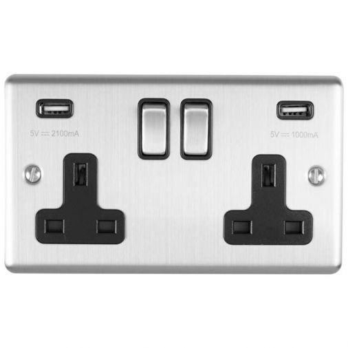 Eurolite 2 Gang 13Amp Switched Socket With Comb 3.1 Amp Usb Outlets Satin Enhance Range Black Trim - EN2USBSSB