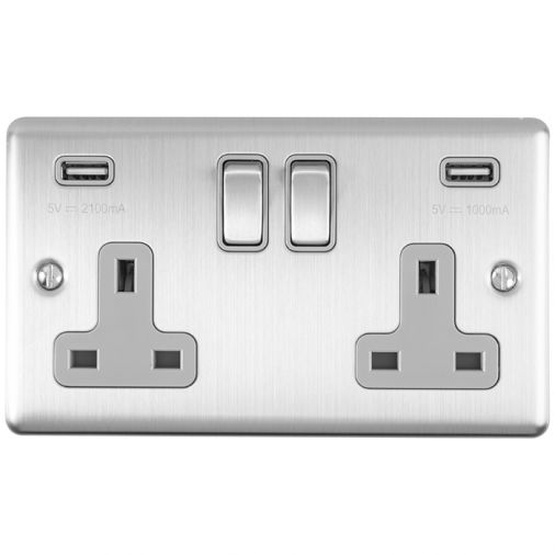 Double brushed metal USBC switched socket with grey trim, Double Pole, Enhance range by Eurolite (EN2USBSSG)