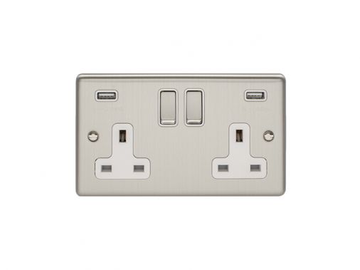 Eurolite 2 Gang 13Amp Switched Socket With Comb 3.1 Amp Usb Outlets Satin Enhance Range White Trim - EN2USBSSW