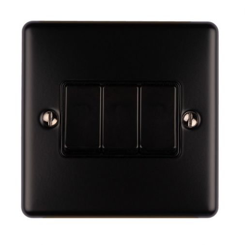 Matt Black Triple Light Switch, Black Inserts | 2 Way, 10A | Enhance Decorative range by Eurolite - EN3SWMBB