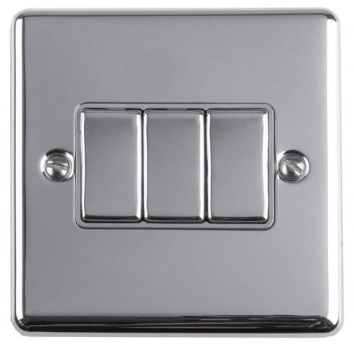 Polished Silver Triple Light Switch, Grey Inserts and Matching Switches | 2 Way, 10A | Enhance Decorative range by Eurolite - EN3SWPCG