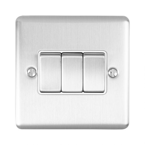 Brushed Steel Triple Light Switch, White Inserts | 2 Way, 10A | Enhance Decorative range by Eurolite - EN3SWSSW