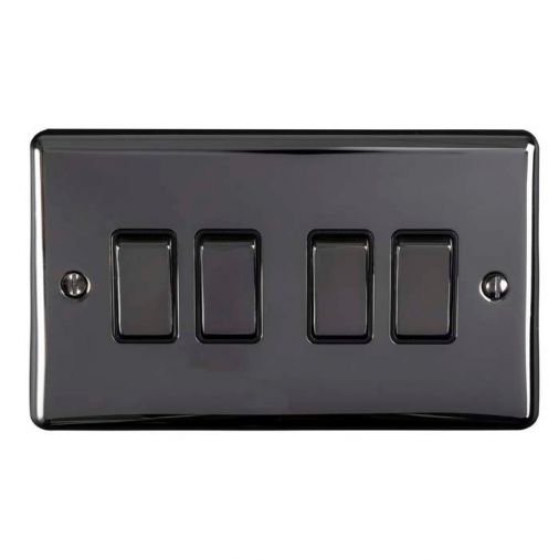 Black Nickel 4 Gang Light Switch with Matching Switches, Black Inserts | 2 Way, 10A | Enhance Decorative range by Eurolite - EN4SWBNB