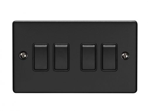 Matt Black 4 Gang Light Switch, Black Inserts | 2 Way, 10A | Enhance Decorative range by Eurolite - EN4SWMBB