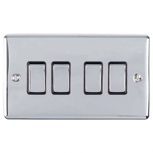 Polished Silver 4 Gang Light Switch, Black Inserts and Matching Switches | 2 Way, 10A | Enhance Decorative range by Eurolite - EN4SWPCB