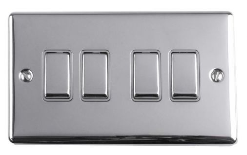 Polished Silver 4 Gang Light Switch, Grey Inserts and Matching Switches | 2 Way, 10A | Enhance Decorative range by Eurolite - EN4SWPCG