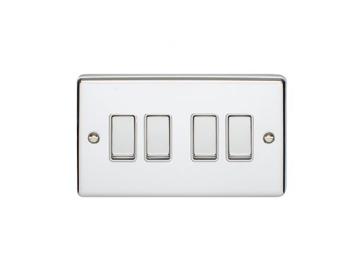 Polished Silver 4 Gang Light Switch, White Inserts and Matching Switches | 2 Way, 10A | Enhance Decorative range by Eurolite - EN4SWPCW