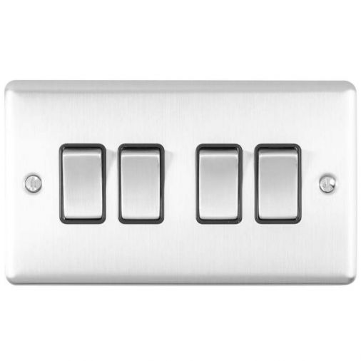 Brushed Steel 4 Gang Light Switch, Black Inserts | 2 Way, 10A | Enhance Decorative range by Eurolite - EN4SWSSB