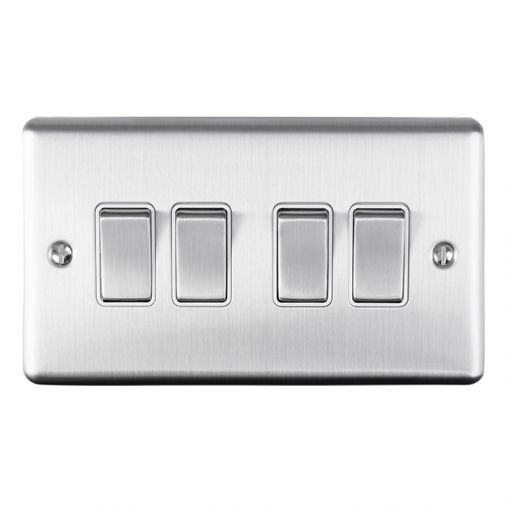 Brushed Steel 4 Gang Light Switch, White Inserts | 2 Way, 10A | Enhance Decorative range by Eurolite - EN4SWSSW