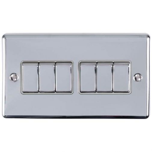 Polished Silver 6 Gang Light Switch, Grey Inserts and Matching Switches | 2 Way, 10A | Enhance Decorative range by Eurolite - EN6SWPCG