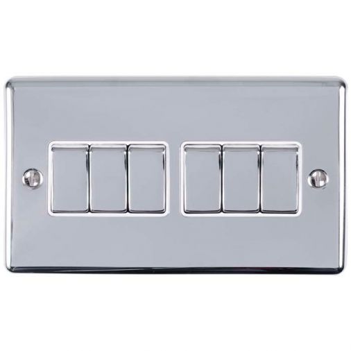 Polished Silver 6 Gang Light Switch, White Inserts and Matching Switches | 2 Way, 10A | Enhance Decorative range by Eurolite - EN6SWPCW