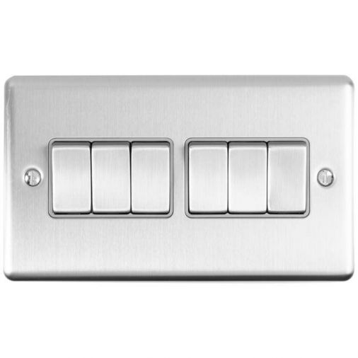 Brushed Steel 6 Gang Light Switch, Grey Inserts | 2 Way, 10A | Enhance Decorative range by Eurolite - EN6SWSSG