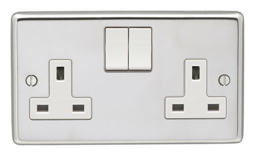 Polished Silver Double Socket, White Inserts | 13A | Stainless Steel range by Eurolite - PSS2SOW