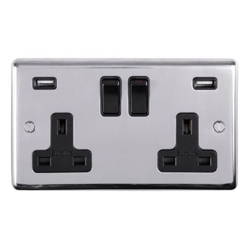 Polished Silver 3.1A USB Double Socket, Black Inserts | 13A | USB-A | Stainless Steel range by Eurolite - PSS2USBB