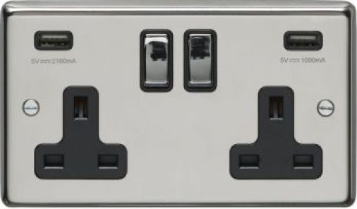 Polished Silver 3.1A USB Double Socket, Black Inserts and Matching Rockers | 13A | USB-A | Stainless Steel range by Eurolite - PSS2USBPSB