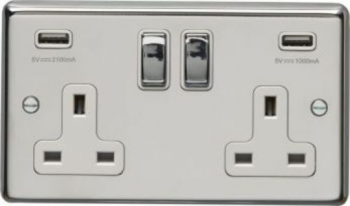 Polished Silver 3.1A USB Double Socket, White Inserts and Matching Rockers | 13A | USB-A | Stainless Steel range by Eurolite - PSS2USBPSW