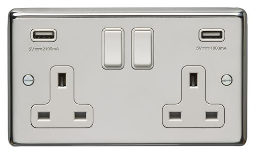 Polished Silver 3.1A USB Double Socket, White Inserts | 13A | USB-A | Stainless Steel range by Eurolite - PSS2USBW