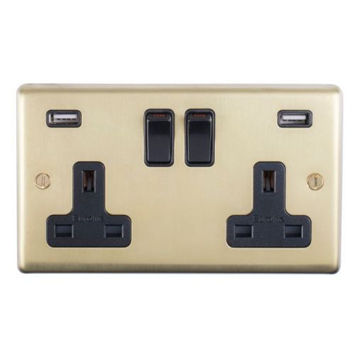 Satin Brass 3.1A USB Double Socket, Black Inserts | 13A | USB-A | Stainless Steel range by Eurolite - SB2USBB