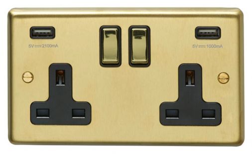 Satin Brass 3.1A USB Double Socket, Black Inserts | 13A | USB-A | Stainless Steel range by Eurolite - SB2USBPBB