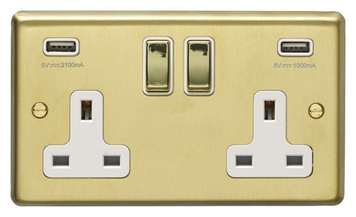 Satin Brass 3.1A USB Double Socket, White Inserts | 13A | USB-A | Stainless Steel range by Eurolite - SB2USBPBW