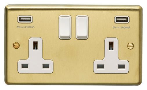 Satin Brass 3.1A USB Double Socket, White Inserts | 13A | USB-A | Stainless Steel range by Eurolite - SB2USBW