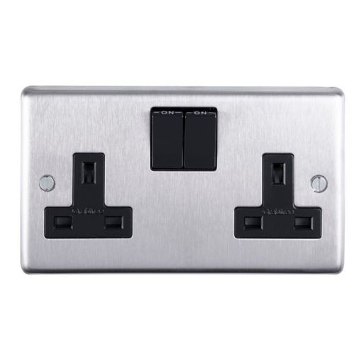 Brushed Steel Double Socket, Black Inserts | 13A | Stainless Steel range by Eurolite - SSS2SOB