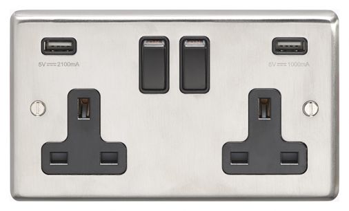 Brushed Steel 3.1A USB Double Socket, Black Inserts | 13A | USB-A | Stainless Steel range by Eurolite - SSS2USBB