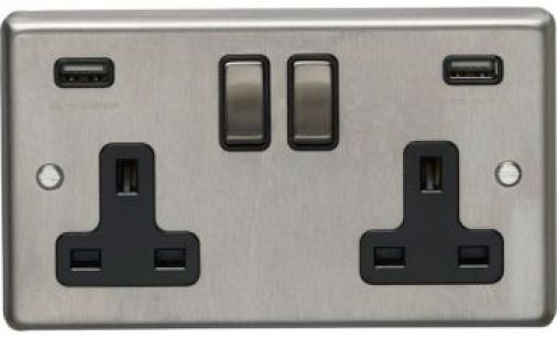 Brushed Steel 3.1A USB Double Socket, Black Inserts | 13A | USB-A | Stainless Steel range by Eurolite - SSS2USBSSB