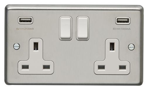 Brushed Steel 3.1A USB Double Socket, White Inserts | 13A | USB-A | Stainless Steel range by Eurolite - SSS2USBW