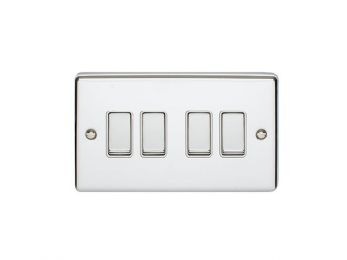 Polished Silver 4 Gang Light Switch with Matching Switches, White Inserts | 2 Way, 10A | Enhance Decorative range by Eurolite - EN4SWPCW