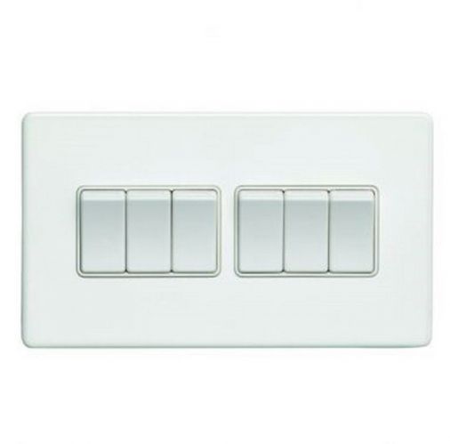 White 6 Gang Light Switch, Matching Inserts and Switches | 2 Way, 10A | Concealed 3mm range by Eurolite - ECW6SWW