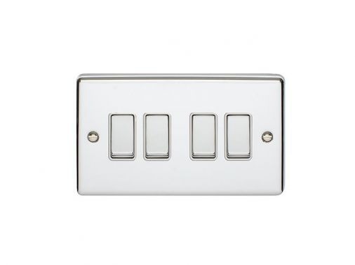 Polished Silver 4 Gang Light Switch with Matching Switches, White Inserts | 2 Way, 10A | Enhance Decorative range by Eurolite - EN4SWPCW